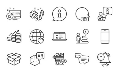 Technology icons set. Included icon as Cashback card, 360 degrees, International love signs. Smartphone, Augmented reality, Growth chart symbols. Engineering, Text message, Time management. Vector