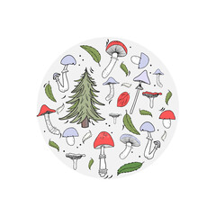 Mushrooms, forest, leaves, nature relaxation concept. Set of doodle mushrooms, leisure hobbies in forest. Vector illustration in round background.