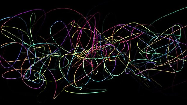 Fluctuations of colored tangled line. Motion. Colored line moves and curves on black background. Tangled line changes and vibrates