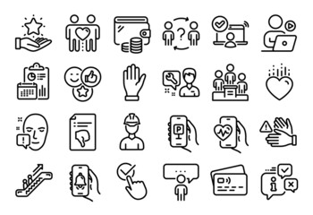Vector set of Online access, Heart and Hand line icons set. Calendar report, Money wallet and Credit card tag. Thumb down, Repairman and Face attention icons. Vector
