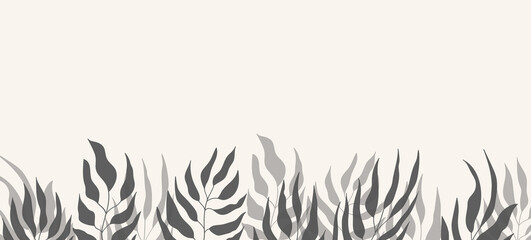 Fototapeta na wymiar Floral web banner with drawn grey exotic leaves. Nature concept design. Modern floral compositions with summer branches. Vector illustration on the theme of ecology, natura, environment