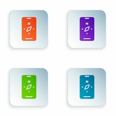 Color Compass screen apps on smartphone for navigation icon isolated on white background. Application compass for navigation, app map. Set colorful icons in square buttons. Vector