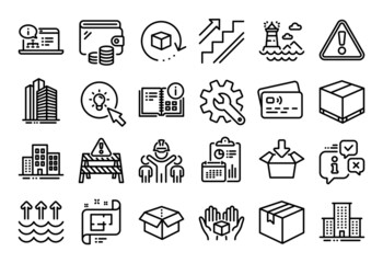 Vector set of University campus, Warning road and Energy line icons set. Calendar report, Money wallet and Credit card tag. Parcel, Lighthouse and Engineering team icons. Vector