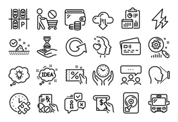 Vector set of Search statistics, Discount coupon and Skin care line icons set. Calendar report, Money wallet and Credit card tag. Electricity, Prescription drugs and Cloud download icons. Vector
