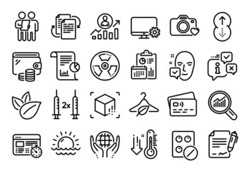 Vector set of Photo camera, Bureaucracy and Coronavirus vaccine line icons set. Calendar report, Money wallet and Credit card tag. Face accepted, Web timer and Organic product icons. Vector