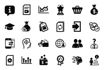 Vector Set of simple icons related to Winner, Hiring employees and Cash icons. Positive feedback, Phone communication and Opened gift signs. Graduation cap, Push cart and File management. Vector