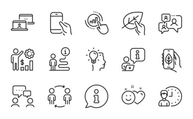 People icons set. Included icon as Support chat, Idea, Employees wealth signs. Hold smartphone, Ecology app, People chatting symbols. Smile, Organic tested, Workflow. Working hours. Vector