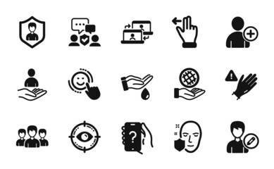 Vector set of Ask question, Touchscreen gesture and Safe planet icons simple set. Group, Security agency and Smile icons. Security agency, Face protection and Eye target signs. Vector