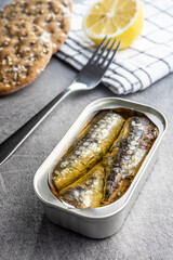 Canned sardines. Sea fish in tin can.
