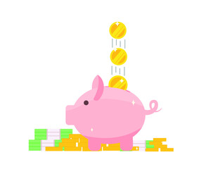 piggy bank in the form of a pig in a cartoon flat style on an isolated background.replenishment of the piggy bank.coins fall into the piggy bank.