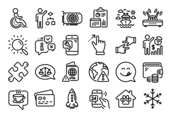 Vector set of Internet warning, Seo statistics and Coffee line icons set. Calendar report, Money wallet and Credit card tag. Passport warning, Click hands and Search icons. Vector