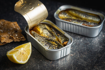 Canned sardines. Sea fish in tin can.