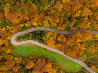 TOP DOWN: Flying above a switchback road crossing the autumn colored forest