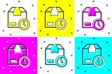 Set Carton cardboard box and fast time delivery icon isolated on color background. Box, package, parcel sign. Delivery and packaging. Vector