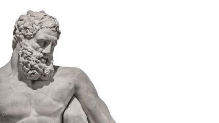 Ancient Greek statue of powerful Hercules, or Heracles, closeup, isolated at white background....