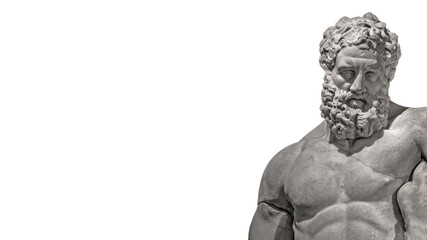 Ancient Greek statue of powerful Hercules, or Heracles, closeup, isolated at white background....