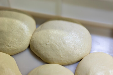 Pizza dough in a plastic tray.