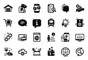 Vector Set of Technology icons related to Cloud computing, Electricity bulb and Vacuum cleaner icons. Search, Messenger and Phone messages signs. Info bubble, journey path. Vector