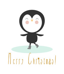 Penguin ice skating. Christmas design. Vector illustration in cartoon style.