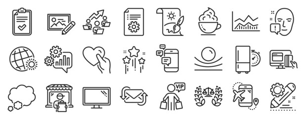 Set of Business icons, such as Teamwork chart, Stars, Coffee cup icons. Creative painting, Cogwheel, Justice scales signs. Vip shopping, Refresh mail, Flight destination. Trade infochart. Vector