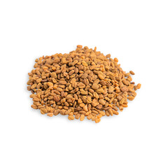 Pile of fenugreek brown dry raw seeds or grains used as ingredient for preparation of healthy helba tea or cooking food, also in local medicine of Egypt isolated on white background