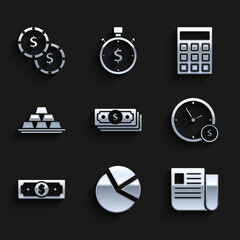 Set Stacks paper money cash, Pie chart infographic, File document, Time is, Gold bars, Calculator and Coin with dollar symbol icon. Vector