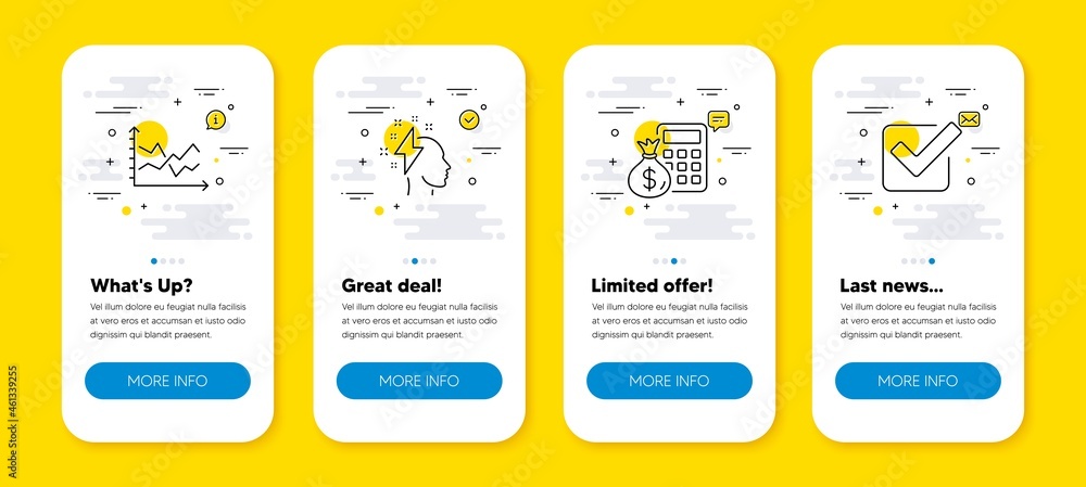 Poster vector set of finance calculator, brainstorming and diagram chart line icons set. ui phone app scree