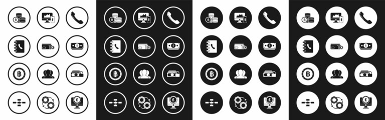 Set Telephone handset, Address book, Cryptocurrency Bitcoin, Stacks paper money cash, Financial chart or graph the computer monitor mobile, Money lock and icon. Vector
