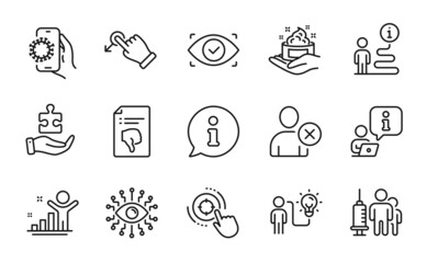 People icons set. Included icon as Puzzle, Covid app, Skin care signs. Seo target, Winner, Thumb down symbols. Artificial intelligence, Drag drop, Medical vaccination. Biometric eye. Vector