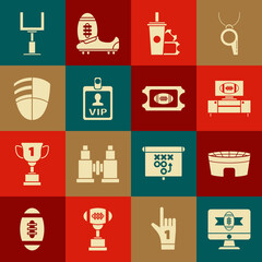 Set American football on tv program, Football stadium, and stand, ticket paper glass soda with drinking straw, VIP badge, club logo template, goal post and icon. Vector