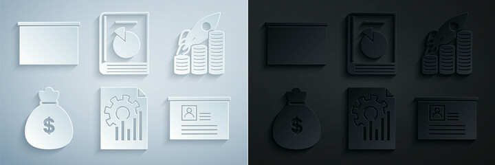 Set Document with graph chart, Rocket flying up on coins growth, Money bag, Board resume, User manual and Chalkboard icon. Vector