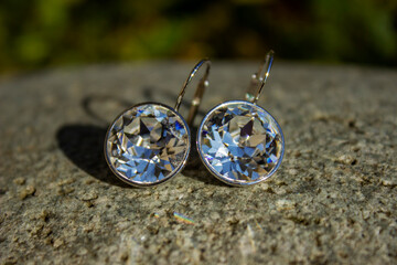 Lensball laying on the tree stump with autumn forest in the background.