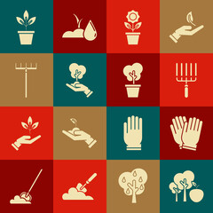 Set Tree with apple, Garden gloves, rake in work, Flower pot, hand of environmental protection, Flowers and icon. Vector
