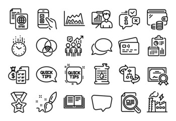 Vector set of Winner ribbon, Passport document and Oil barrel line icons set. Calendar report, Money wallet and Credit card tag. Technical algorithm, Education and Electricity factory icons. Vector