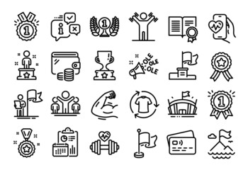 Vector set of Cardio training, Mountain flag and Leadership line icons set. Calendar report, Money wallet and Credit card tag. Success, Dumbbells workout and Strong arm icons. Vector