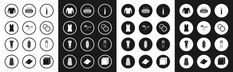 Set Cutter tool, Electric iron and ironing board, Woman dress, Sweater, Sewing button for clothes, Needle sewing, Classic closed steel safety pin and Zipper icon. Vector