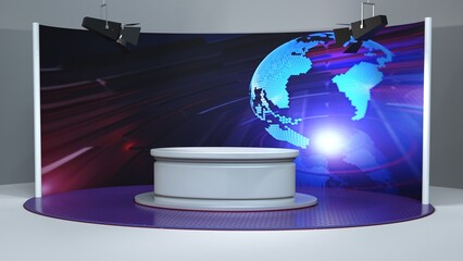 White table with world map news background in news studio