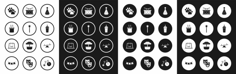 Set Party hat, Magic wand, Magician rabbit ears, Paw print, Paper glass with drinking straw water, Drum drum sticks, Seesaw and Swing icon. Vector