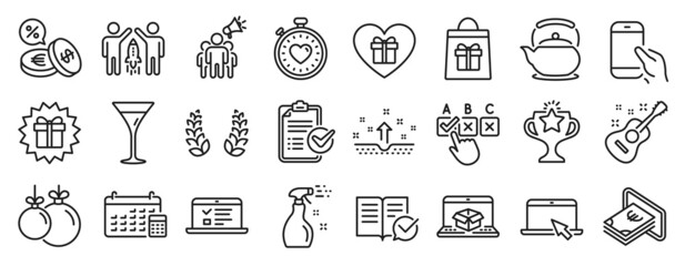 Set of line icons, such as Approved documentation, Survey checklist, Martini glass icons. Romantic gift, Clean skin, Surprise gift signs. Hold smartphone, Portable computer, Calendar. Cash. Vector
