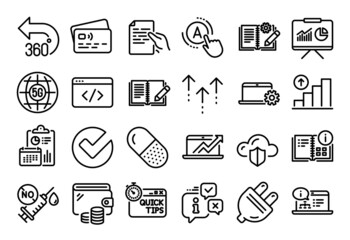 Vector set of 360 degrees, Instruction info and Online documentation line icons set. Calendar report, Money wallet and Credit card tag. Hold document, 5g internet and Notebook service icons. Vector