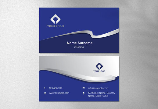 Business Card With Blue And Silver Ribbon Accents