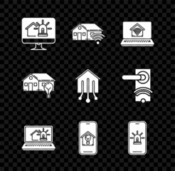 Set Computer monitor with smart house and alarm, Smart home wi-fi, Laptop, Mobile phone light bulb, and icon. Vector