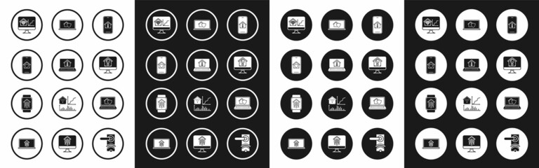 Set Mobile phone with house temperature, Laptop, under protection, Computer monitor smart home wi-fi, and light bulb, and Smart watch icon. Vector