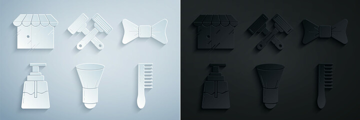 Set Shaving brush, Bow tie, Aftershave, Hairbrush, Crossed shaving razor and Barbershop building icon. Vector