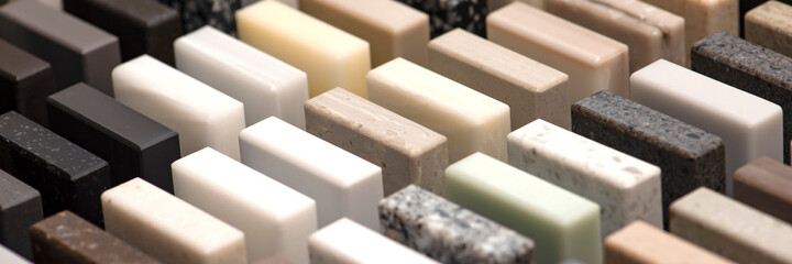 Large selection of stone samples for countertops and floors. Pieces of artificial acrylic stone in...
