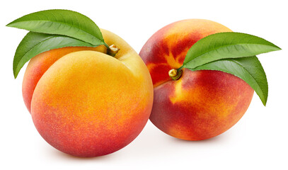 Fresh peach with leaves. Peach isolated on white background. Clipping path peach. Peach macro studio photo