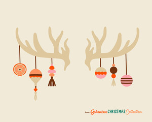 Christmas reindeer antlers decorated with boho chic hanhging decorations. Vector drawing isolared. Great symbol for cards and posters with vintage vibes.