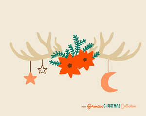 Christmas reindeer antlers decorated with boho chic hanhging stars, moon, fir branches and poinsettia. Vector drawing isolared. Great symbol for cards and posters with vintage vibes.