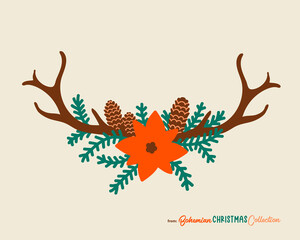 Christmas reindeer antlers decorated with fir cones, fir branches and poinsettia . Vector drawing isolared. Great symbol for cards and posters with vintage vibes.