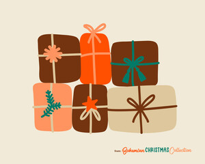 Christmas gifts pile hand drawn in a simple cartoon style. Great symbol for posters and cards. Vector drawing isolated.
